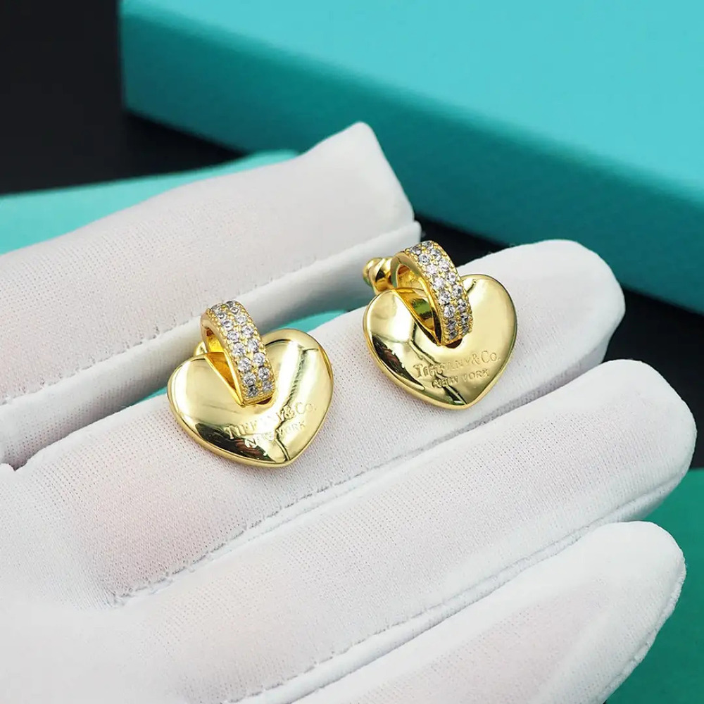 Tiffany & Co. Gold Heart Hoop Diamond Stud Earrings - Picture 3 of 5
